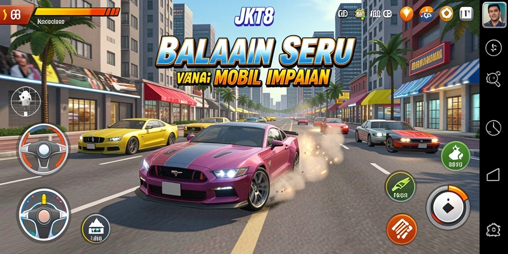 Tangkapan layar utama JKT8 memperlihatkan aksi balapan yang mendebarkan.