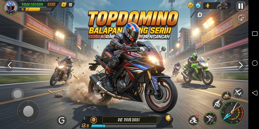 Screenshot gameplay TOPDOMINO menampilkan balapan motor yang seru.