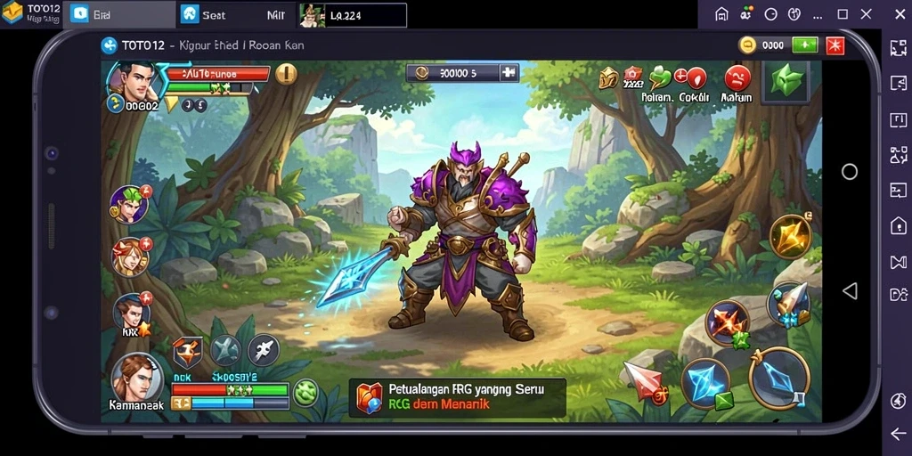Tangkapan layar utama TOTO12 menampilkan pertempuran karakter RPG yang epik.