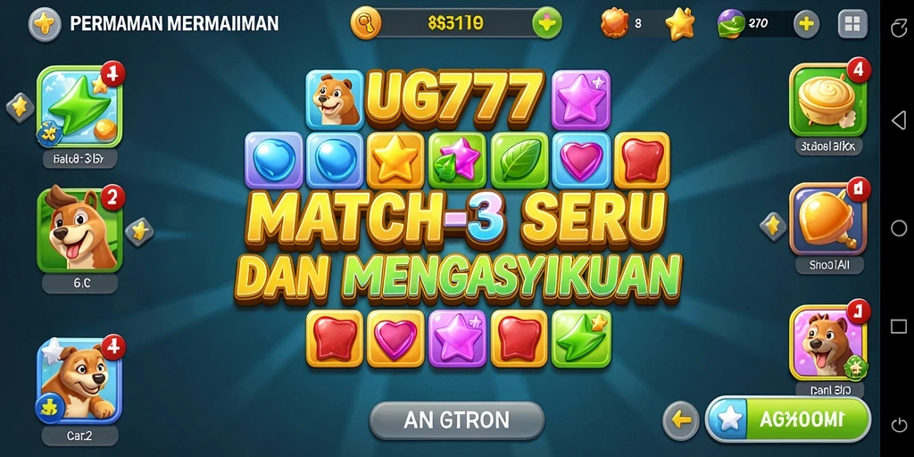 Screenshot utama UG777 menampilkan gameplay Match-3 yang menantang dan seru.